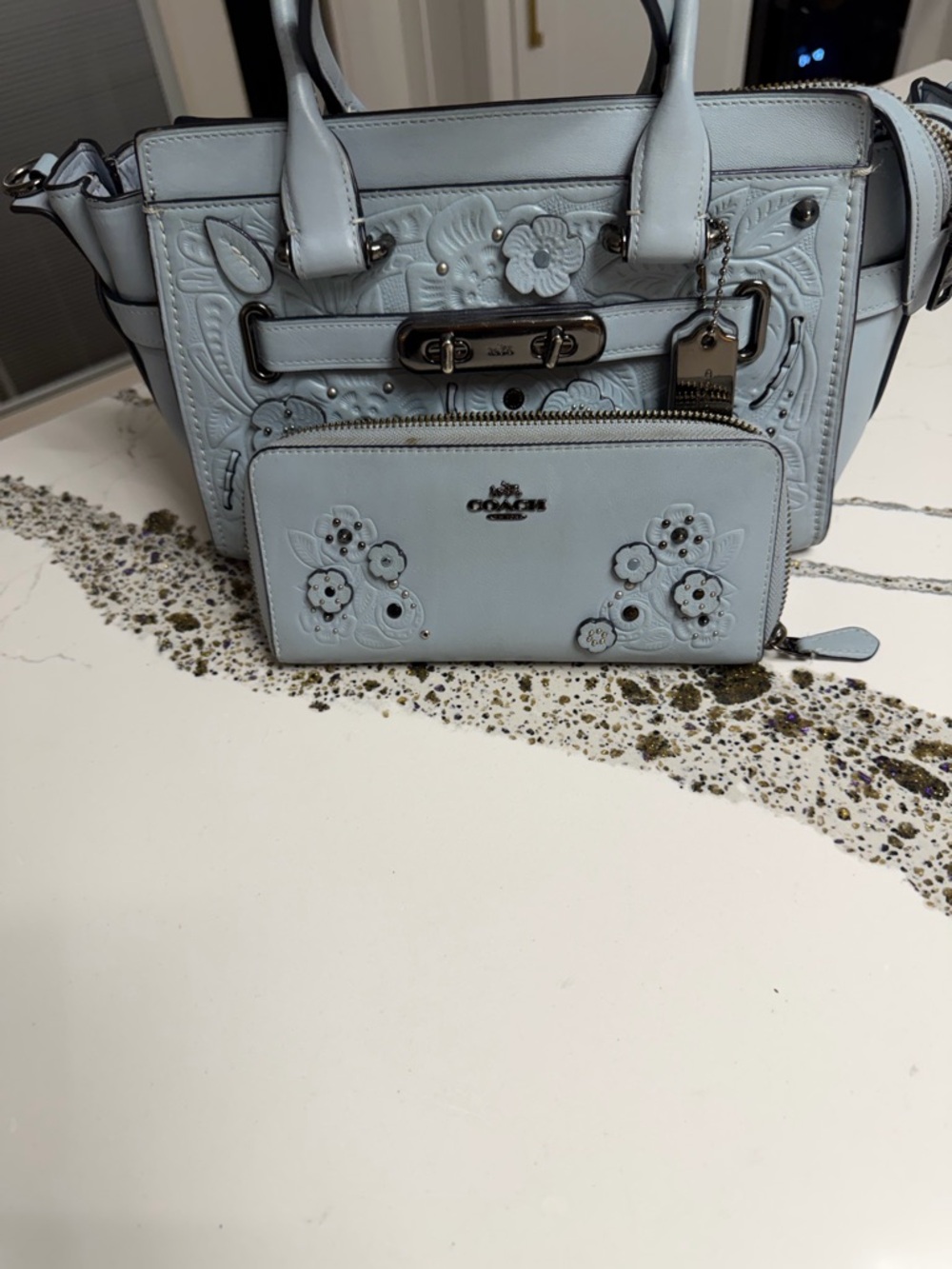 Coach Light Blue Floral Embossed Leather Satchel with Matching Zip Wallet